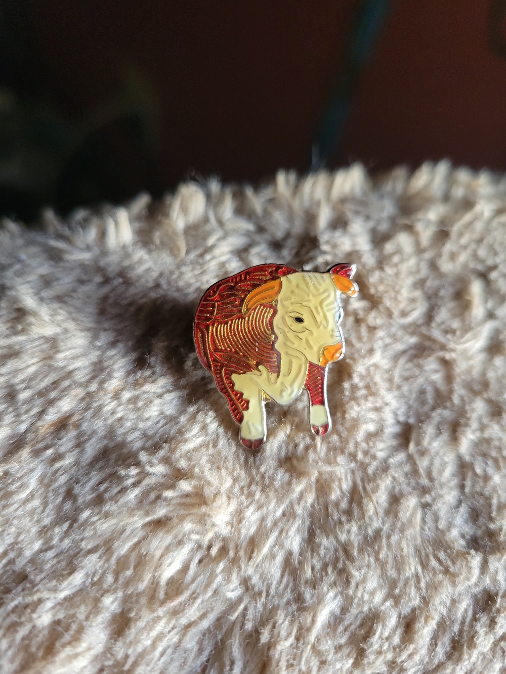 Antique Cow Pin - Red and Cream Animal Brooch